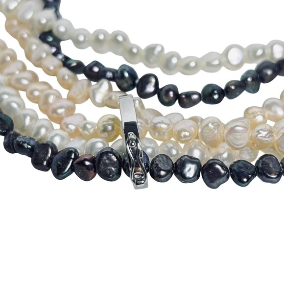 Set Of 3 Freshwater Pearl Necklaces White Cream & Black W/Sterling Clamp (5881) - Picture 6 of 7